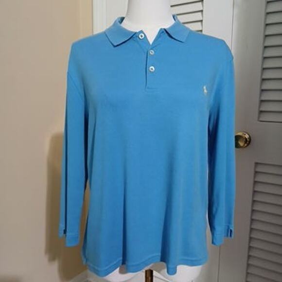 Ralph Lauren Sport Women's Large Aqua Long-Sleeved Polo 100% Cotton Yellow Logo - Picture 6 of 12